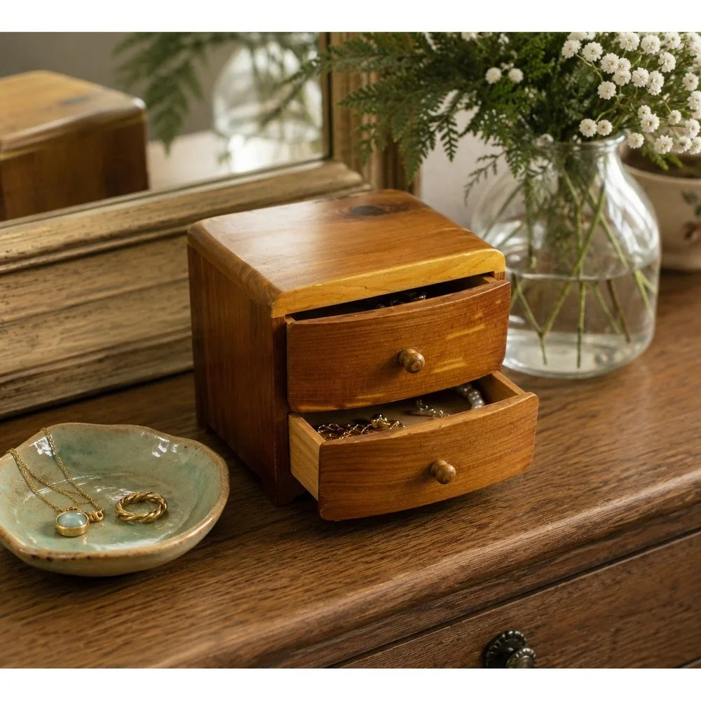 Vintage Small Wood Jewelry Box 2 Drawer Mini Trinket Chest 4.5